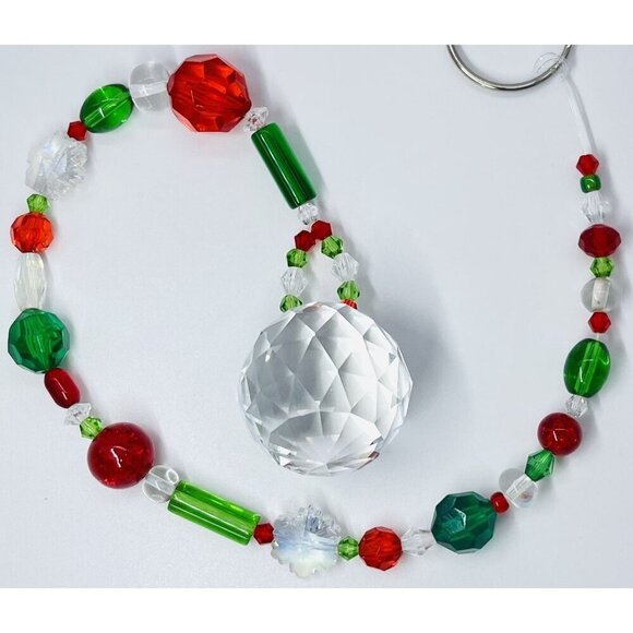 Beaded Christmas Suncatcher Red Green Clear Crystal Prism Hanging Patio Decor - Picture 9 of 10
